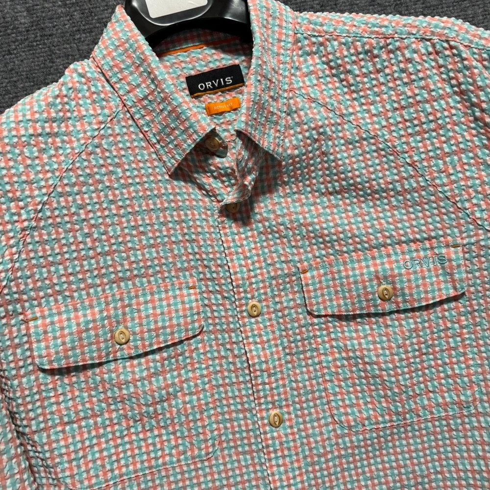 Orvis Shirt Mens Large Active Fit‎ Seersucker Gingham Button Roll L/S Coral